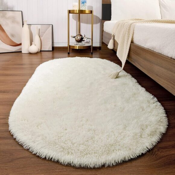 New 2.6x5.3 Fluffy Cream Rug, Soft Oval Shag Carpet for Home, Bedroom & Nursery